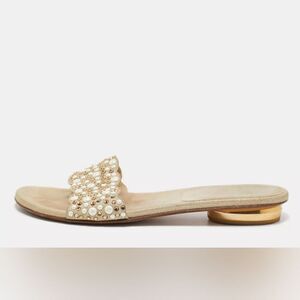 Stuart Weitzman Beige Textured Suede Studded Thong Slides  7.5